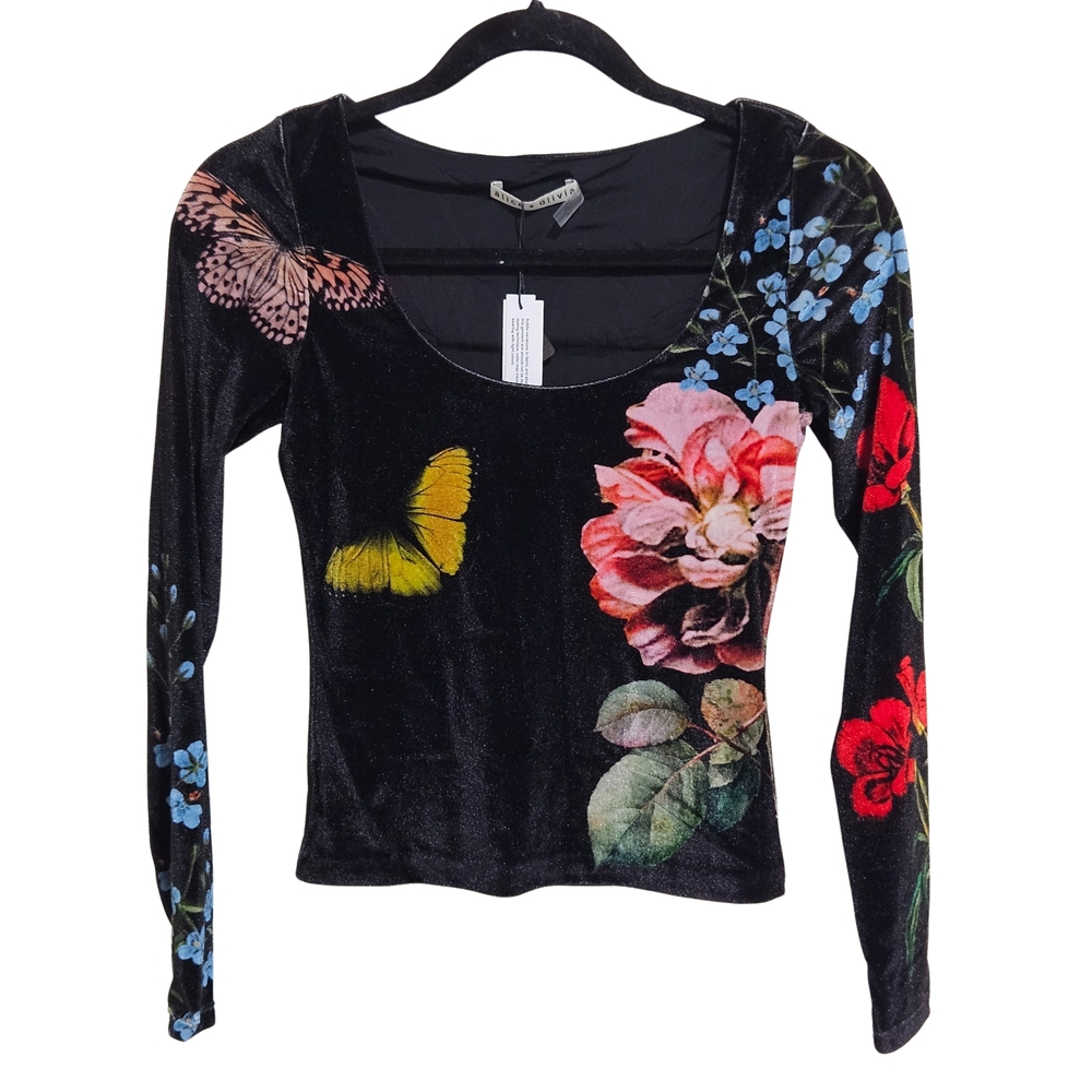 Alice + Olivia Delaina Long Sleeve Top, L, In The Wind Floral Butterfly NWT 🦋